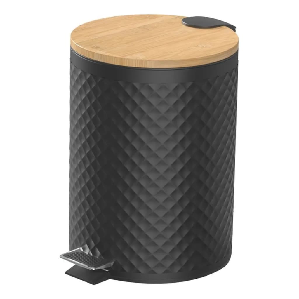 Lixeira Cozinha Banheiro Com Pedal Cesto De Lixo Moderna Removivel Inox 5 Litros Tampa De Bambu