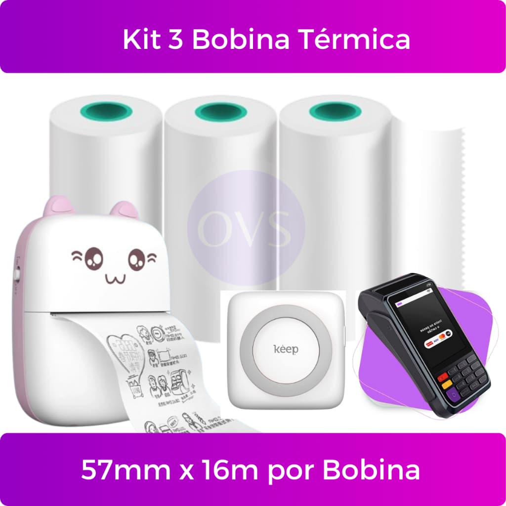 Kit 3 Bobina Etiqueta Termica Não Adesiva 57mm x 16m Branco Para Mini Impressora Portátil