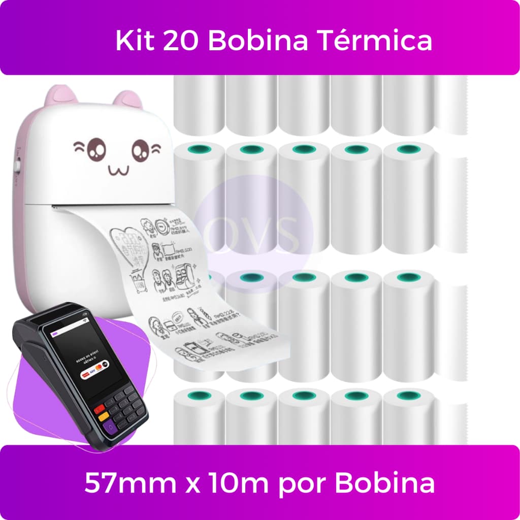 Kit 20 Bobina Etiqueta Termica Não Adesiva 57mm x 16m Branco Para Mini Impressora Portátil