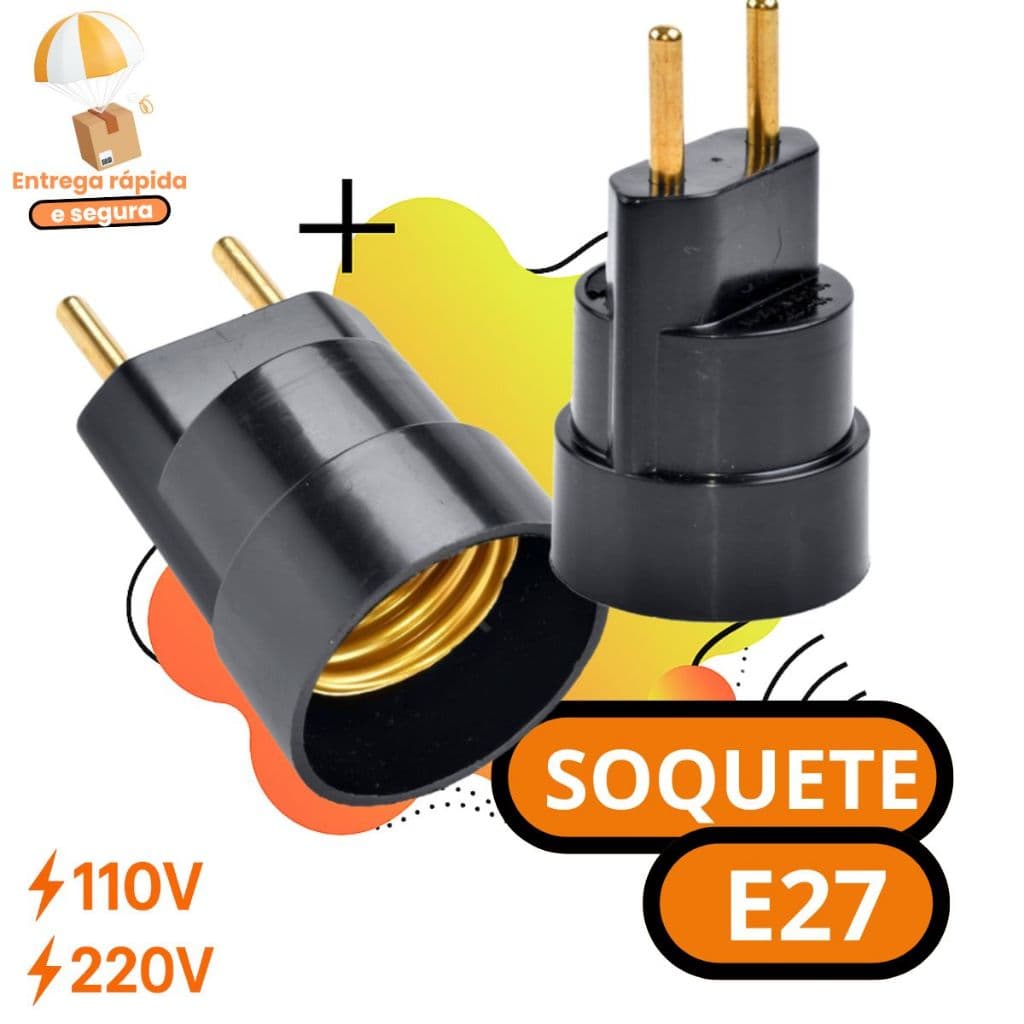 Soquete Pino Bocal Porta Lâmpada Adaptador E27 Pvc Tomada Preto Bivolt
