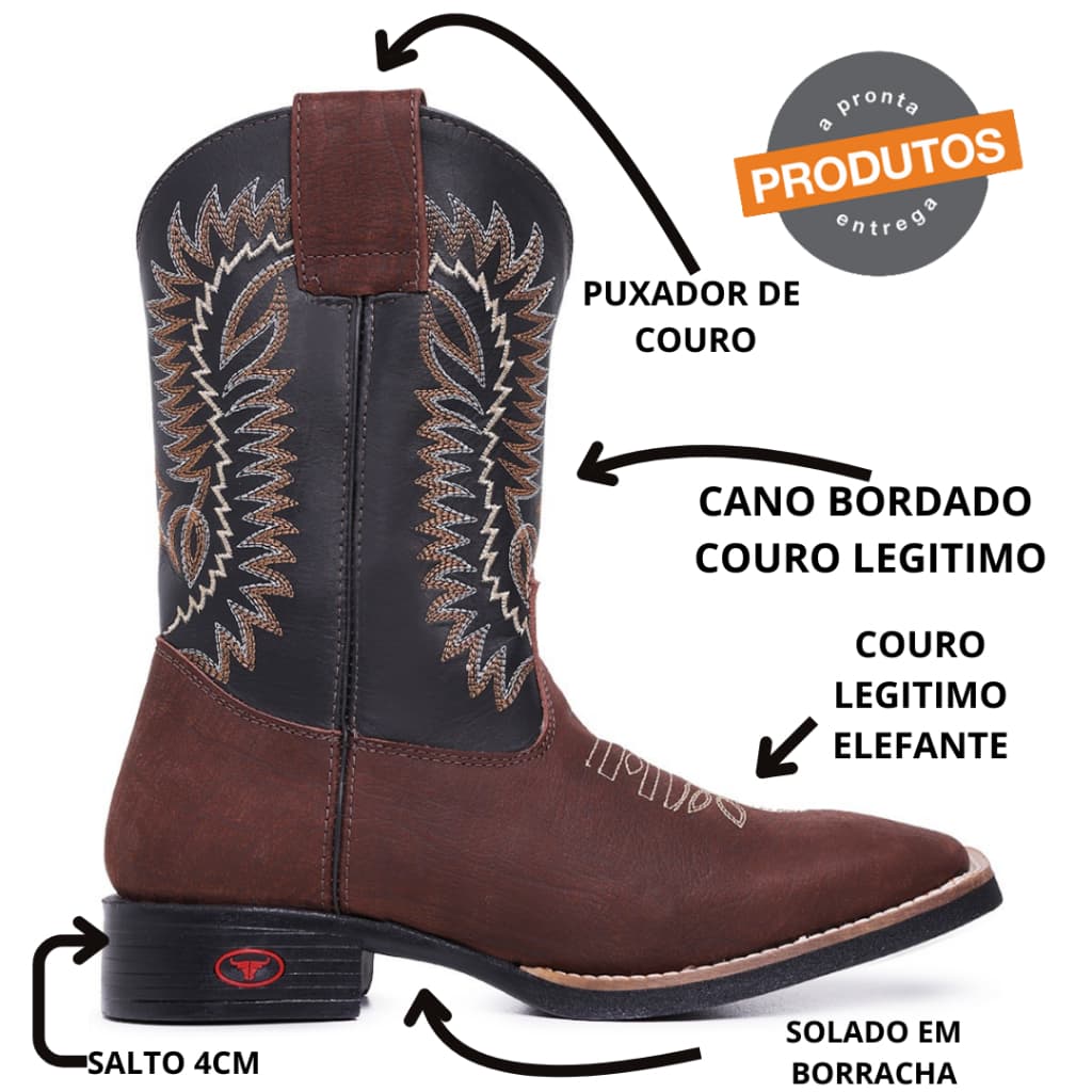 Texana Cano Longo Bico Quadrado Couro Legítimo Bordada