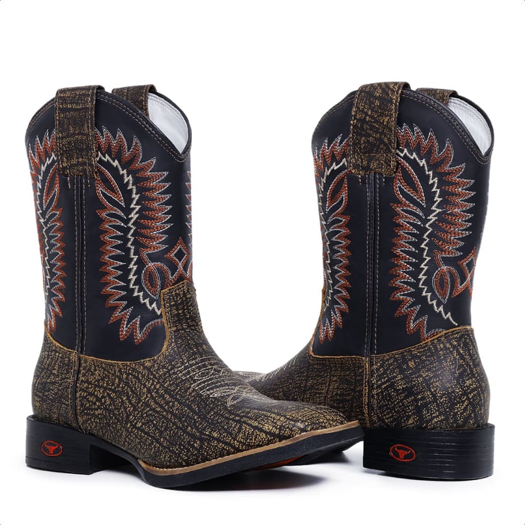 Bota Texana Bordada Bico Quadrado Couro Legítimo Cano Longo