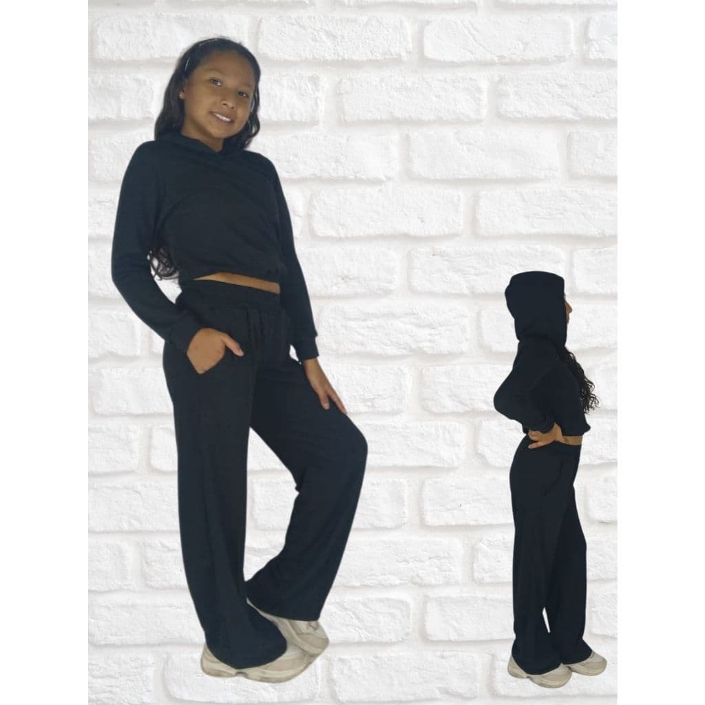 Conjunto Infantil Feminino em Lanzinha – Cropped com Capuz + Calça WIDE JUVENIL PARA MENINAS