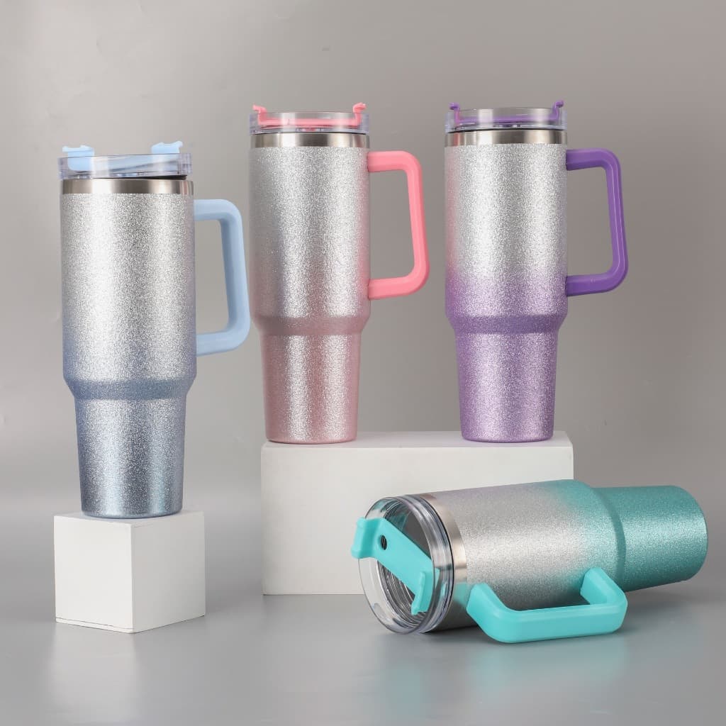 EVA AD Copo Térmico 1200ML  Inox com tampa e canudo Glitter AÇO INOX，cor rosa