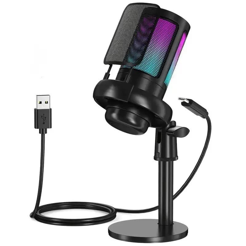Microfone Gamer RGB Condensador USB Captação Direcional e Iluminação Personalizável Plug And Play