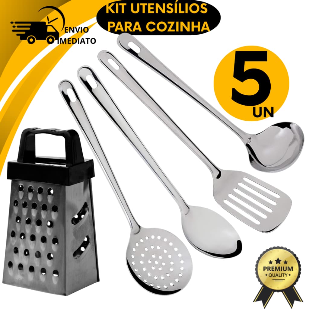 Kit Utensílios de Cozinha Concha Ralador 4 Faces Espatula Escumadeira Colher de Arroz Inox