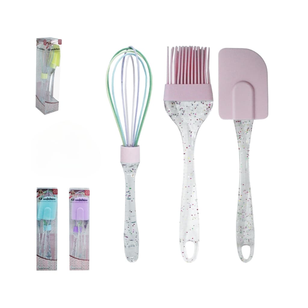 KIT CONFEITEIRO ESPATULA PAO DURO PINCEL COM GLITTER ACRILICO SILICONE MULTICOLORIDO