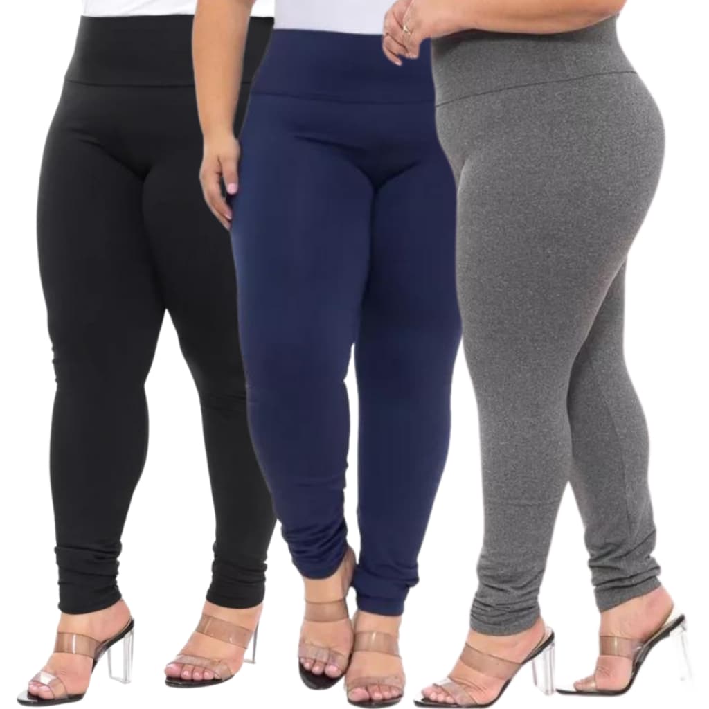 Calça Legging Plus Size Preto e Cinza Leg Feminina Suplex Básica Fitness Feminino Zero Transparência Levanta Bumbum