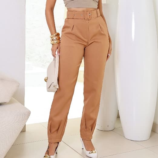 Calça Alfaiataria Feminina Jogger Cenoura Skinny Cintura Alta Botão Zíper Bolso Casual Social