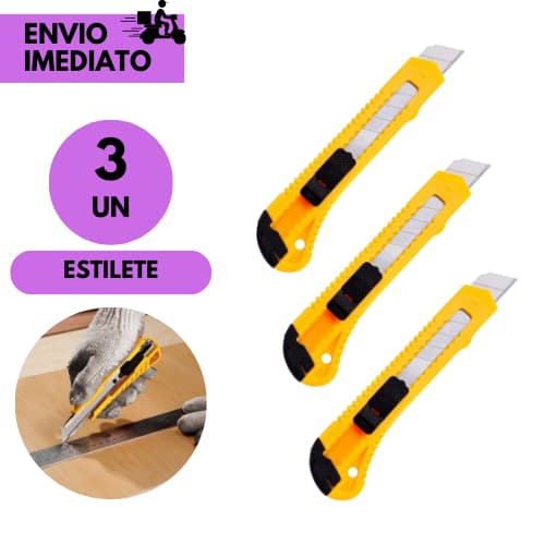 Kits 3 ou 1 Estilete Profissional c/Trava de Segurança Corte Preciso Ideal p/Abrir Caixas Promotores