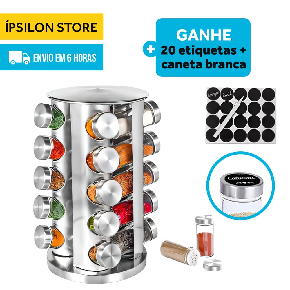 Kit Com Porta-Temperos Giratório de Inox (1 unidade) + 20 Potes de 100ml + 20 Etiquetas + Caneta