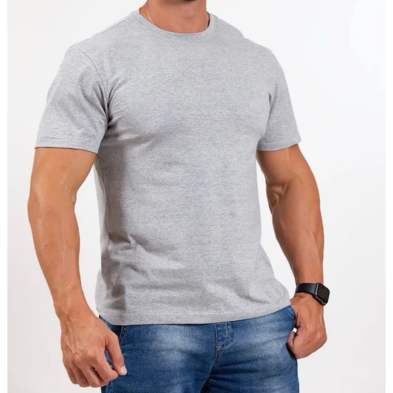 Camiseta Masculina Básica 100% Algodão em Meia Malha Premium Reforço Ombro a Ombro Mescla Cinza Lisa