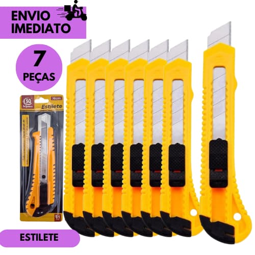 Kits 7 ou 3 Estilete Profissional Multiuso Corte Fácil e Seguro com Trava de Segurança Corte Preciso