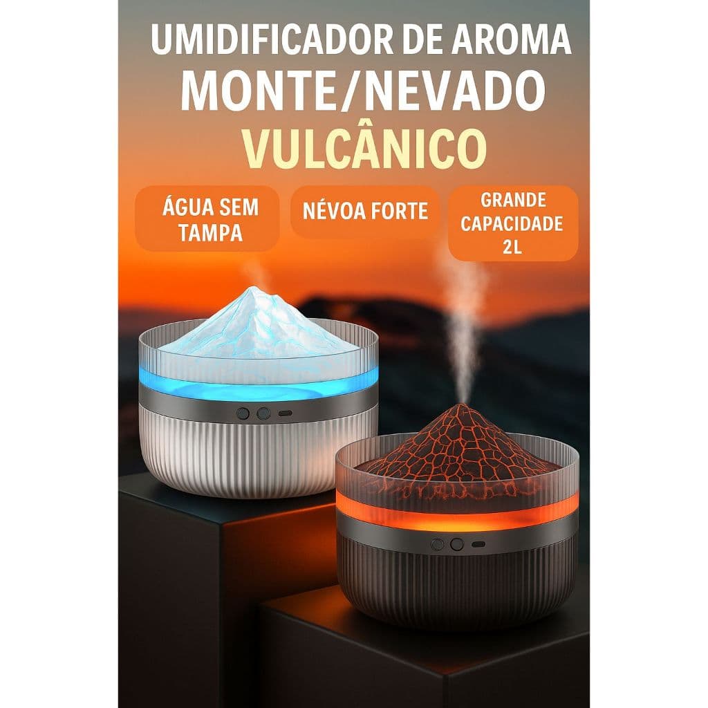 Difusor Umidificador de Ar Vulcão 2L com Luz LED USB Silencioso e Aromatizador para Quarto e Escritório