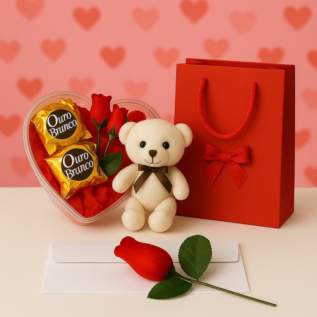 Kit Presente Dia das mães com Ursinho Pélúcia + Bombons + Rosa + Cartinha + Sacola ENVIO RÁPIDO