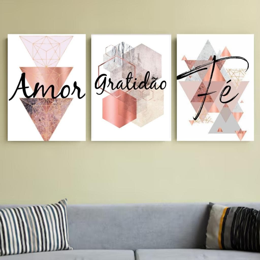 Kit 3 Quadros Quadrinhos Gratidão Amor Fé decoração elegante sala