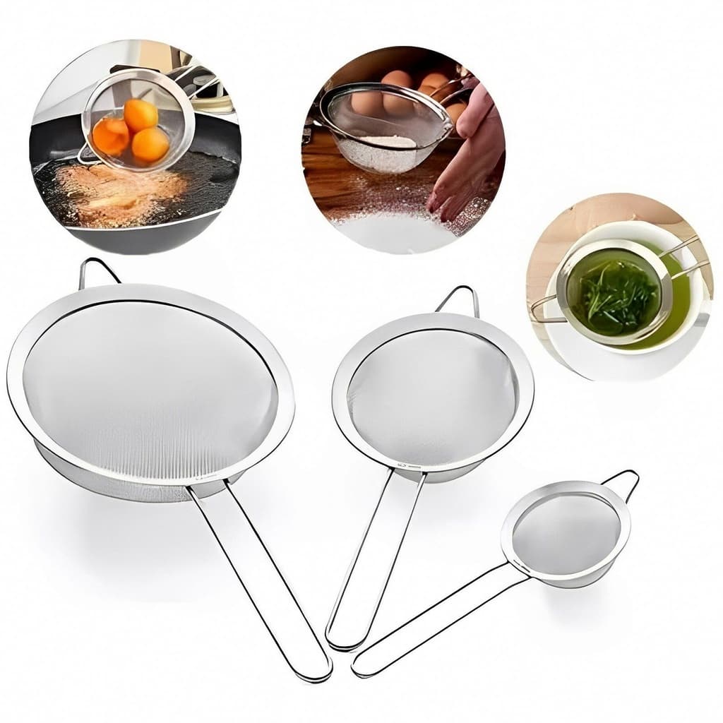 Kit 3 Peneira Coador 3 Tamanhos P M G 8/10/12 CM Em Aço Inox Para Cozinha Casa Cozinha