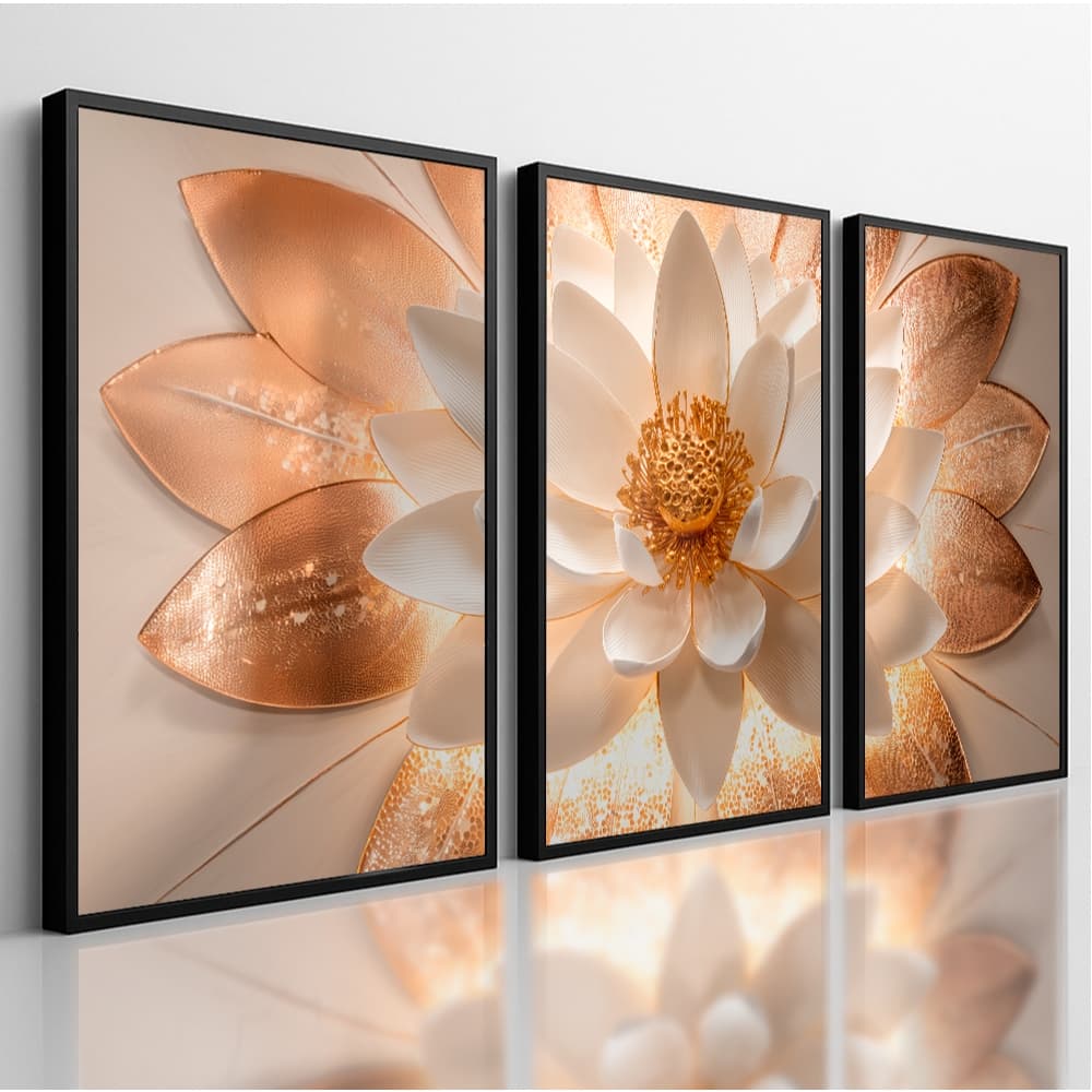 Quadros Decorativos Flor Dourada 3 Peças Mosaico Sala Quarto Escritório
