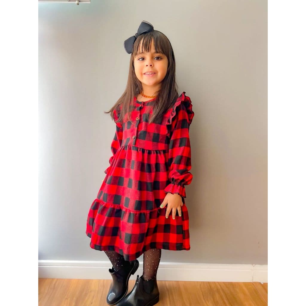 Vestido Infantil Manga Longa Xadrez Para Meninas