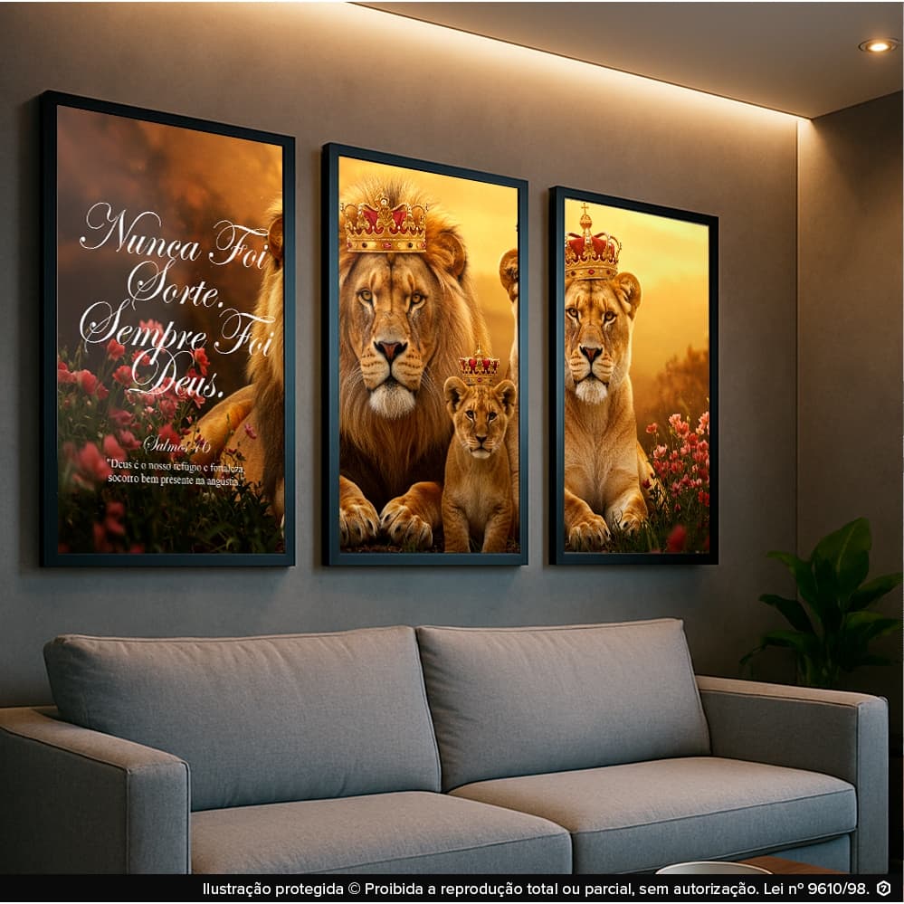 Quadros Decorativos Leão Familia Filhotes 3 Peças Mosaico Sala Quarto Escritório