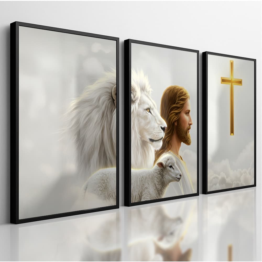 Quadros Decorativos Leão Jesus Cristo Cruz 3 Peças Mosaico Sala Quarto Escritório