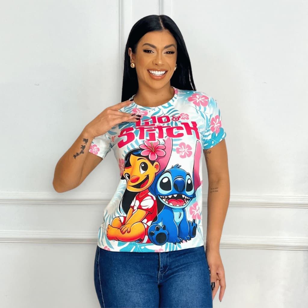 Blusa Feminina T-shirt Estampada Lilo Stitch Desenho Manga Curta Moda Casual Premium
