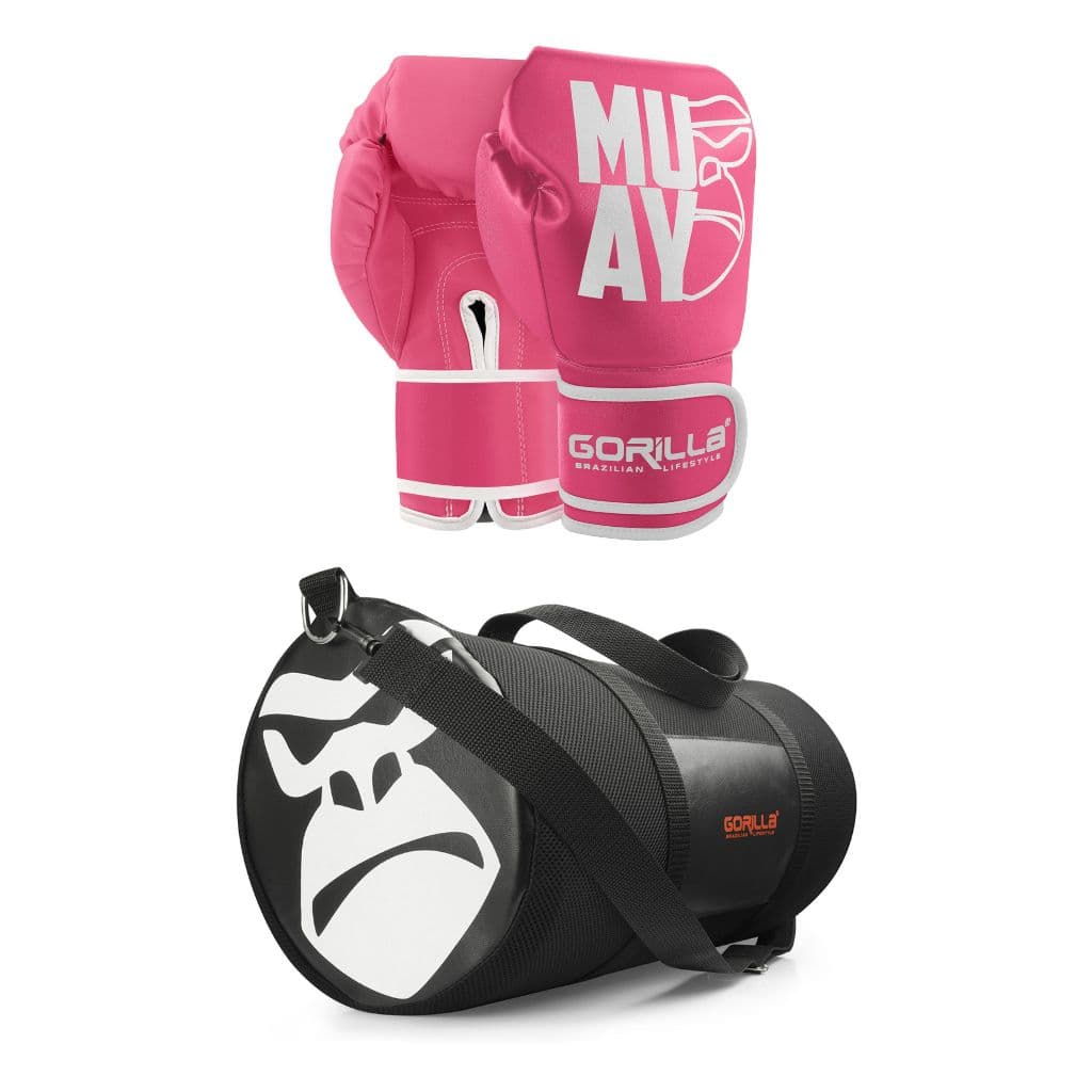 Kit Feminino Luva de Muay Thai Profissional  Rosa + Bolsa de Academia Transversal Gorilla