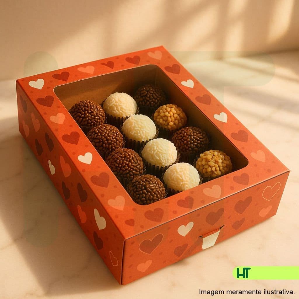 CAIXA PARA DOCES E BRIGADEIROS COM FITA E TAG - TAMANHO G -103104 - DIA DOS NAMORADOS 2025