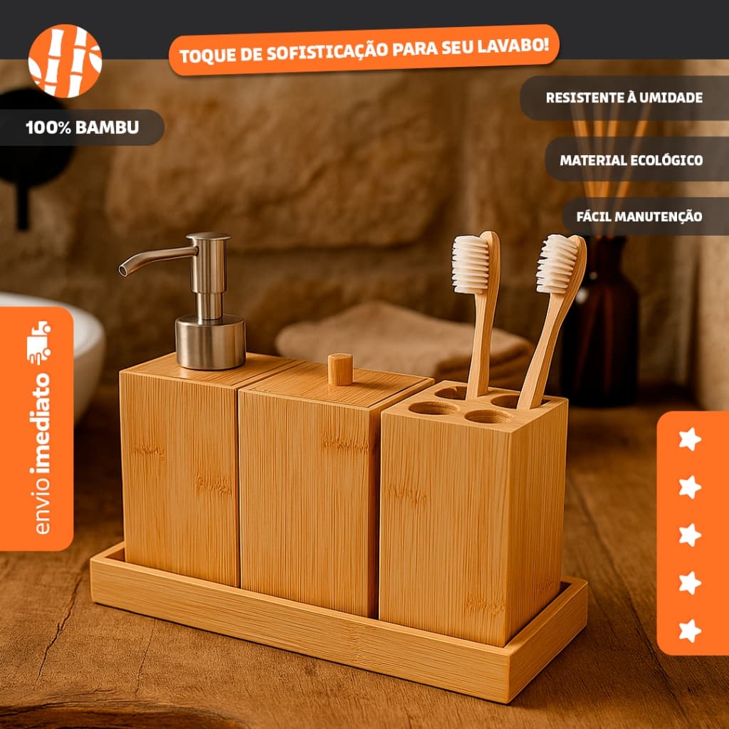 Conjunto P/Banheiro Bambu 4Pçs Porta Sabonete Porta Escova Copo - Bhz Store
