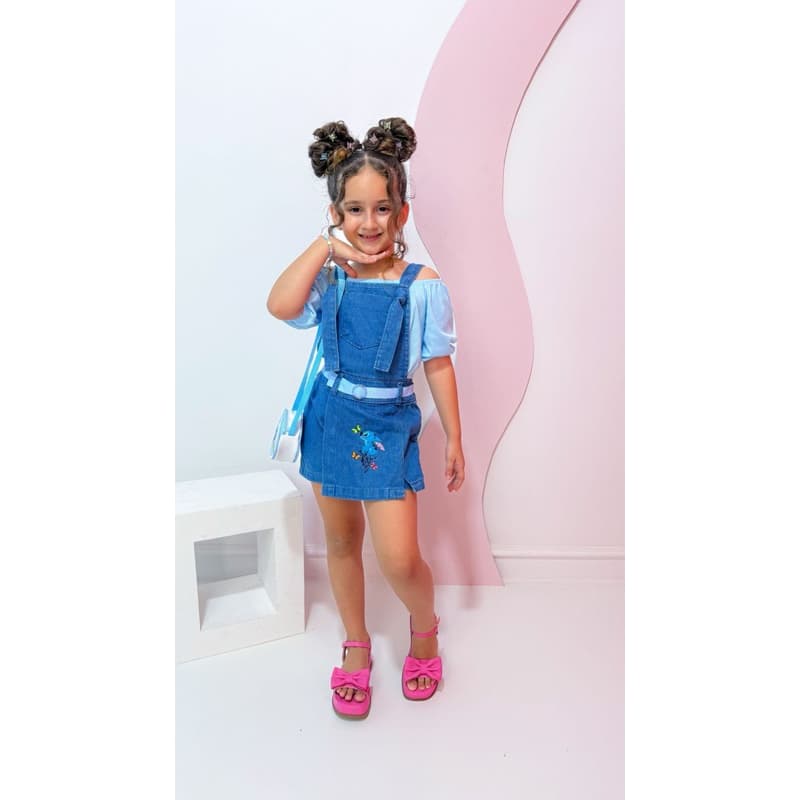 kit jardineira Stitch com top bolsa e cinto