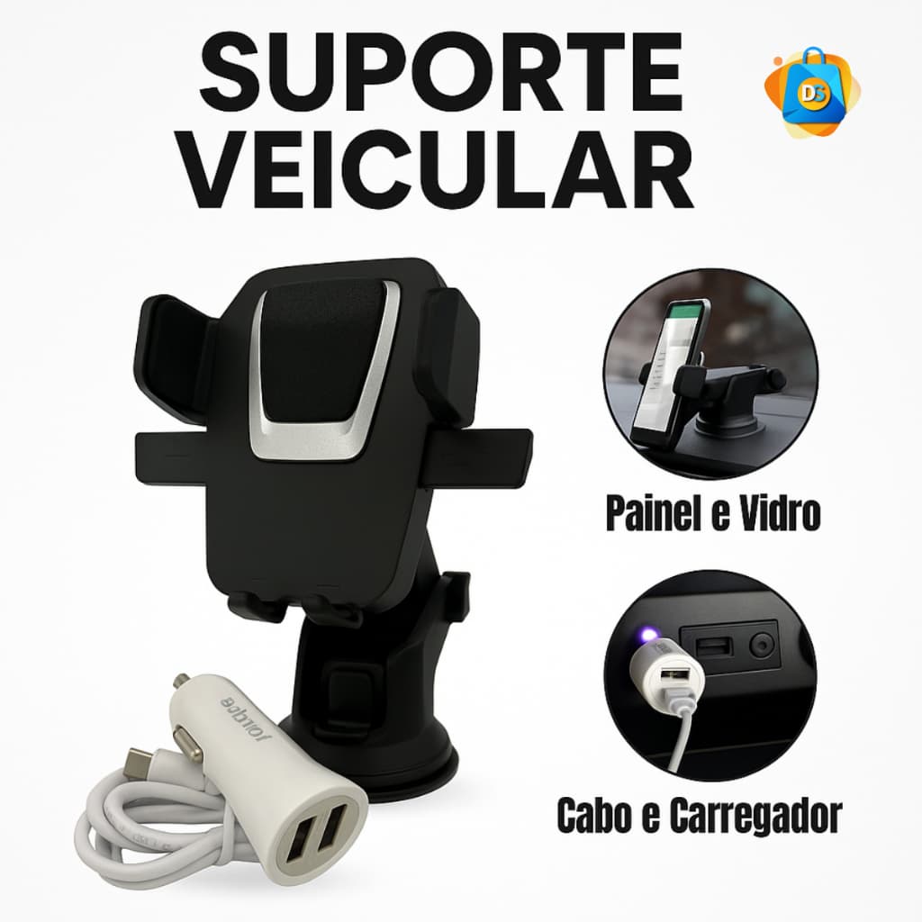 Kit Suporte de Celular Automotivo Isqueiro de Carro Caminhão USB Ventosa Articulado Painel Parabrisa