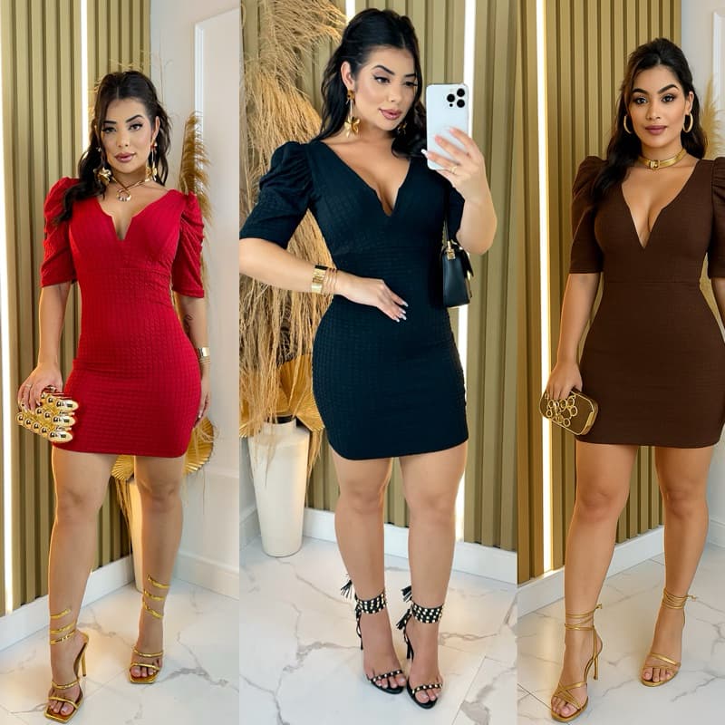Vestido Feminino com Aro em V com Manga Casual Elegante Colado Muita Lycra Princesa