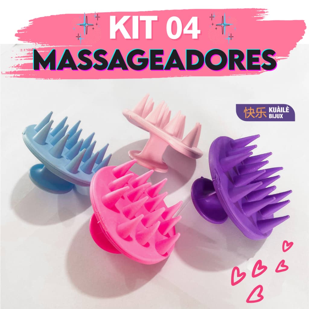 Kit 04 Massageador Capilar Silicone Macio para Esfoliação Capilar