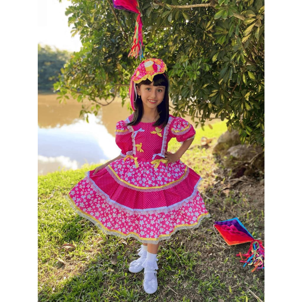 Vestido Infantil de Festa Junina Caipira Luxo Com Laços
