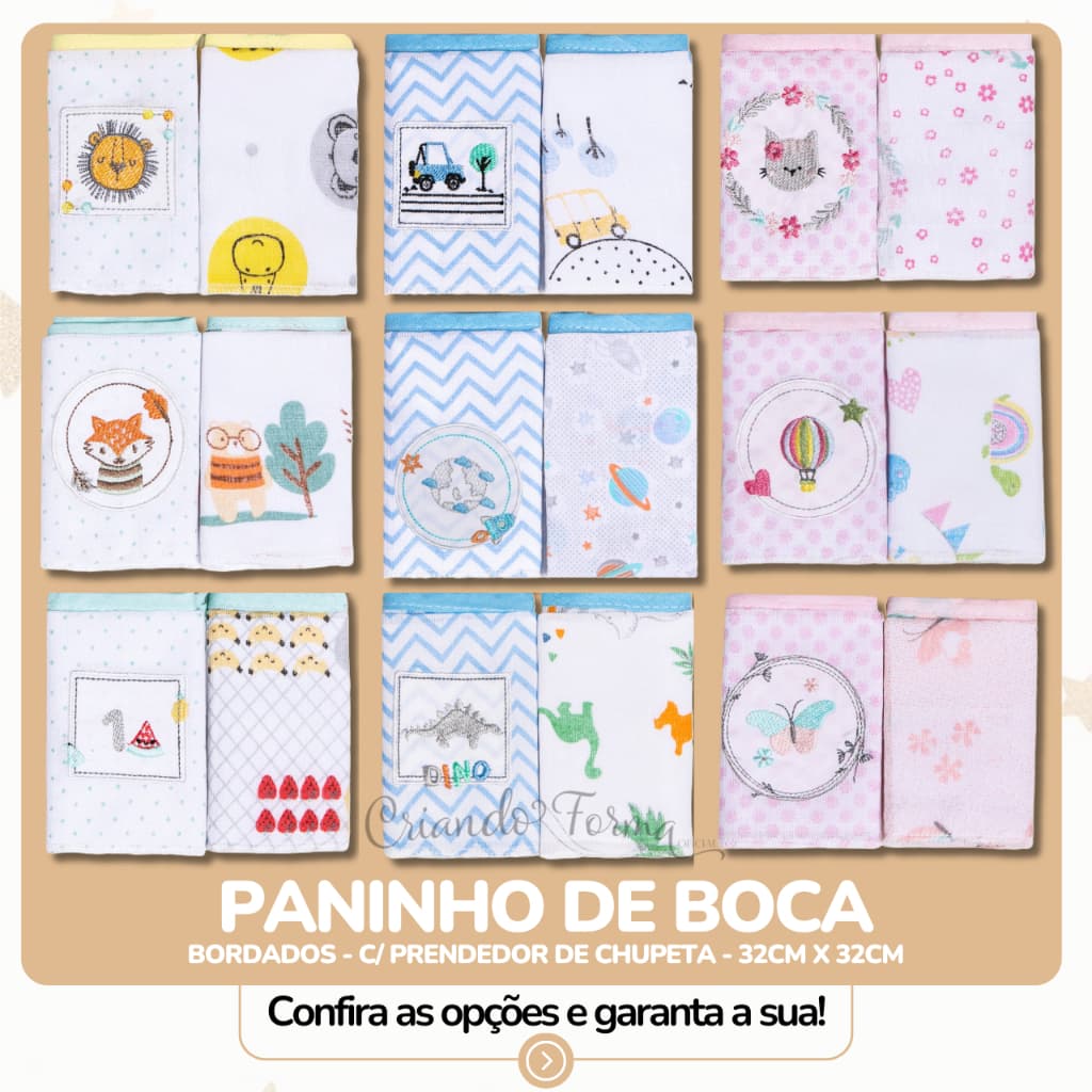 kit com 2 Paninhos de Boca BORDADOS  c/ Prendedor de Chupeta - 32cm X 32cm
