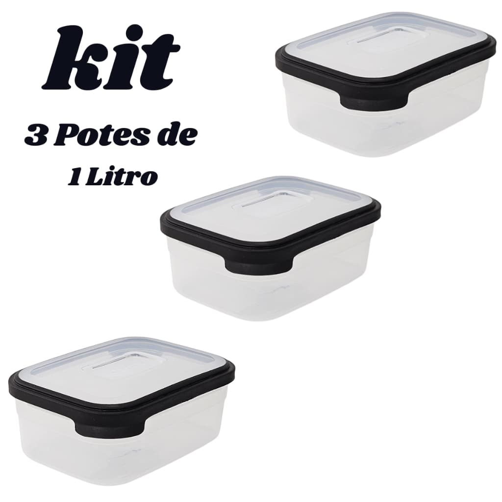Conjunto 3 Potes Transparente 1000ml Pote Plástico com Tampa Boa Vedação Freezer Microondas