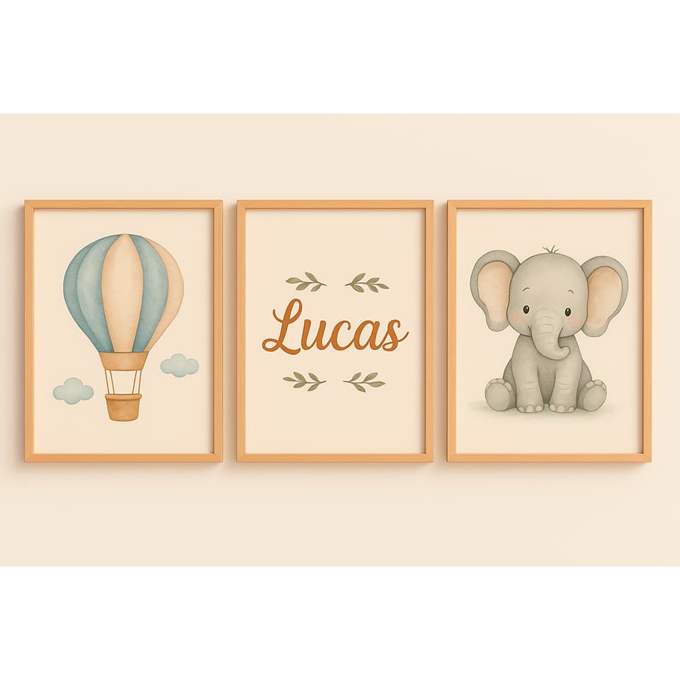 Kit de Quadros Decorativos Infantis Personalizados | Nome da Criança Ursinhos, Elefante e Balão