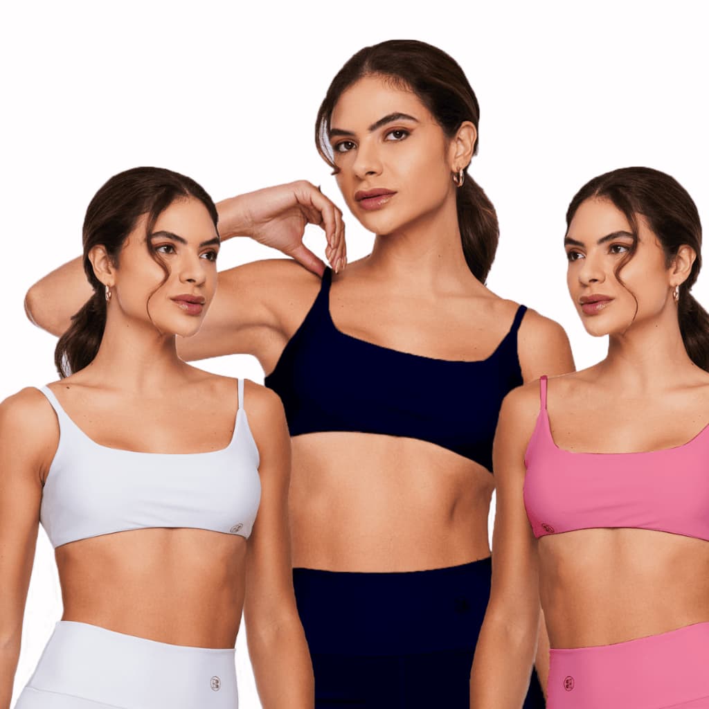 Kit Com 3 Tops Feminino com Alça em X Branco/Marinho/Rose Academia Treino Fitness Cropped Básico