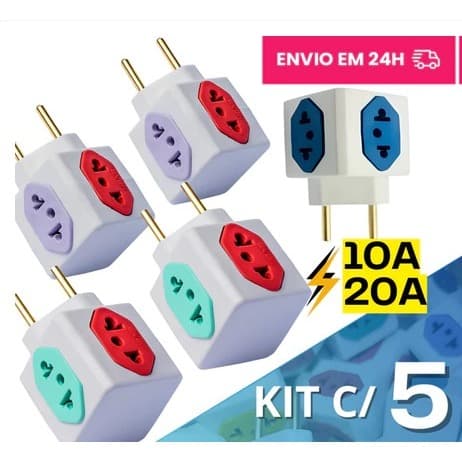 Kit C/5 Benjamin CUBO 10A/20A Pino Maciço Resistente com 4 Tomadas Coloridas