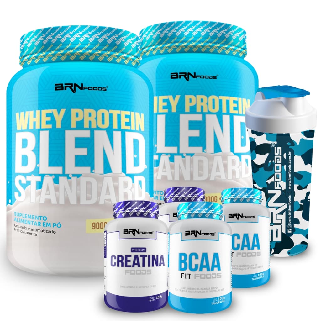 Kit 2x Whey Blend Standard 900g + 2x Creatina 100g + 2x BCAA 100g + Coqueteleira 600ml - BRN Foods