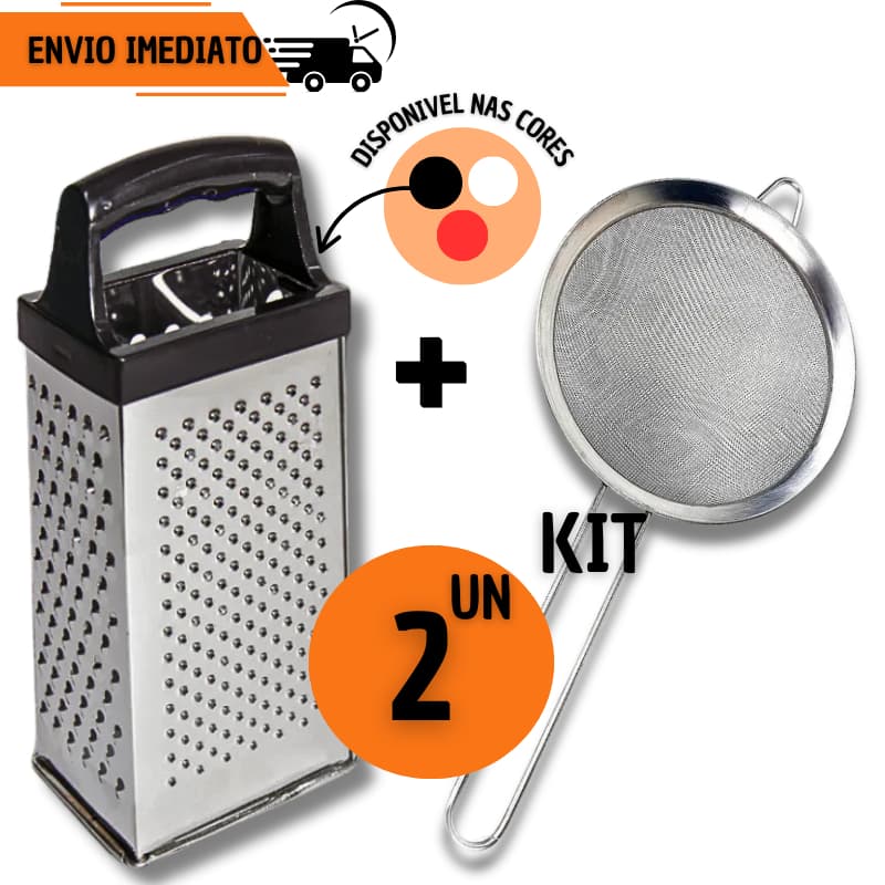 Kit 2 Peças - 1 Ralador 4 faces e 1 Peneira Inox Para Cozinha Coador Alimentos Legumes Confeitaria