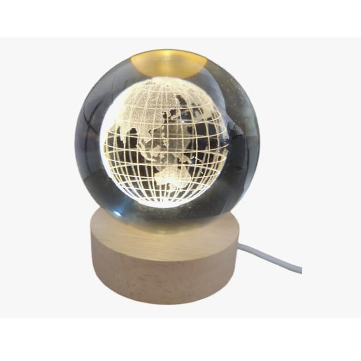 Mini Luminária Led Globo De Vidro 3d Base Madeira 10 Cm Planeta