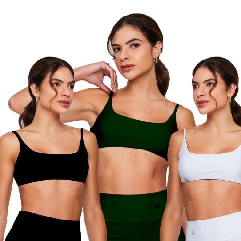 Kit Com 3 Tops Feminino Alça X Preto/Branco/Verde Militar Academia Treino Fitness Cropped Básico
