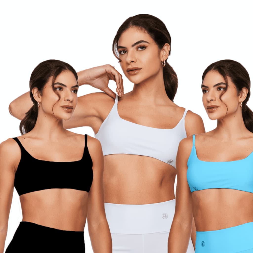 Kit Com 3 Tops Feminino Alça em X Preto/Branco/Azul Academia Treino Fitness Cropped Liso Básico