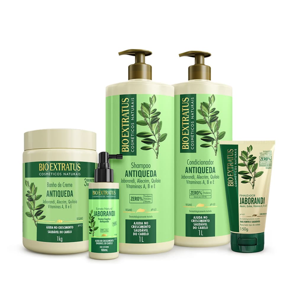 Kit Jaborandi Antiqueda Shampoo Condicionador Banho de Creme 1L Fin 150g Extrato 100mL Bio Extratus