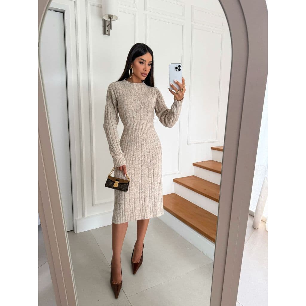 Vestido Trico Manga Longa Feminino Trico Modal Vestido Tubinho Vestido Midi