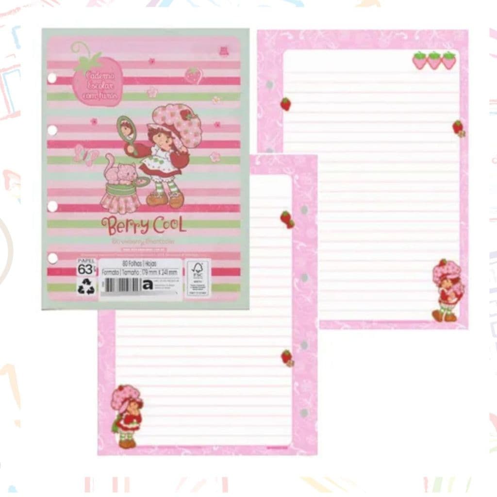 Refil Caderno Argolado Colegial Moranguinho 80 Fohas ou Kit 5 Refil 400 Folhas 179mm x 241mm Escolar Tamanho COLEGIAL