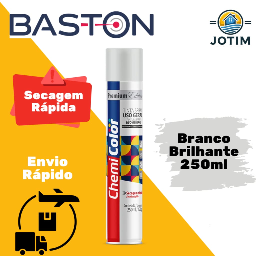Tinta Spray Uso Geral Branco Brilhante Baston 250ml Seca Rápido Alta Cobertura Fácil de aplicar