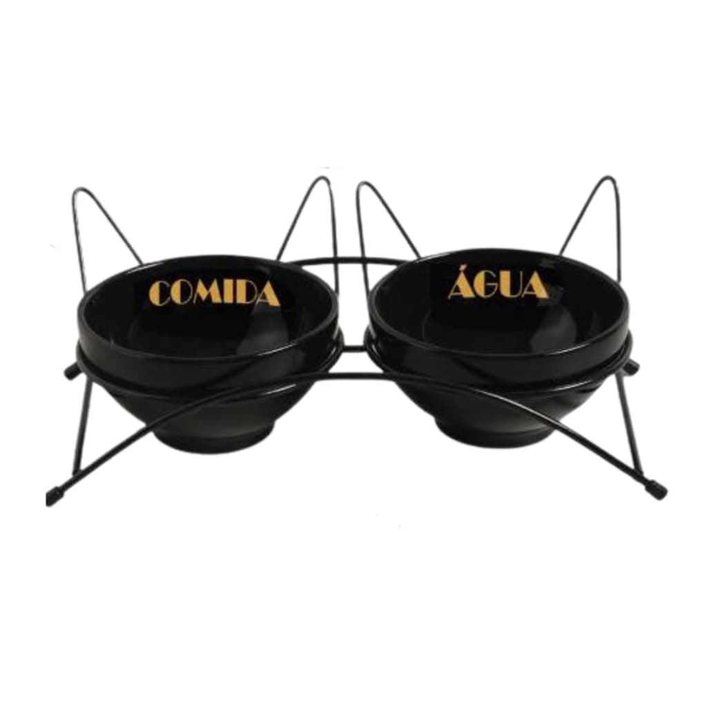 Kit Comedouro e Bebedouro Elevado com Suporte de Orelha Pet Gato Grande 550ml Cerâmica Preto/Dourado