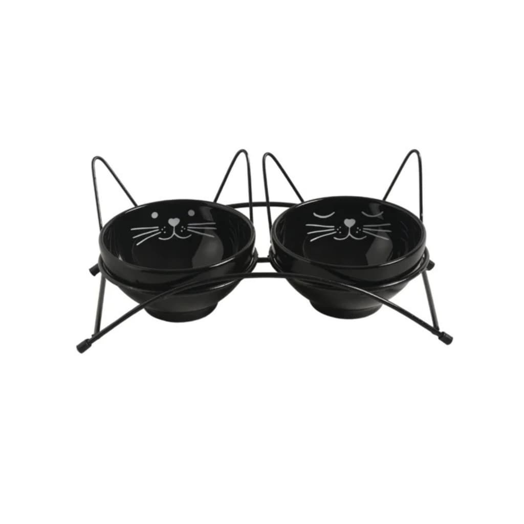 Kit Comedouro e Bebedouro Elevado com Suporte de Orelha Pet Gato Grande 550ml Cerâmica Preto/Branco